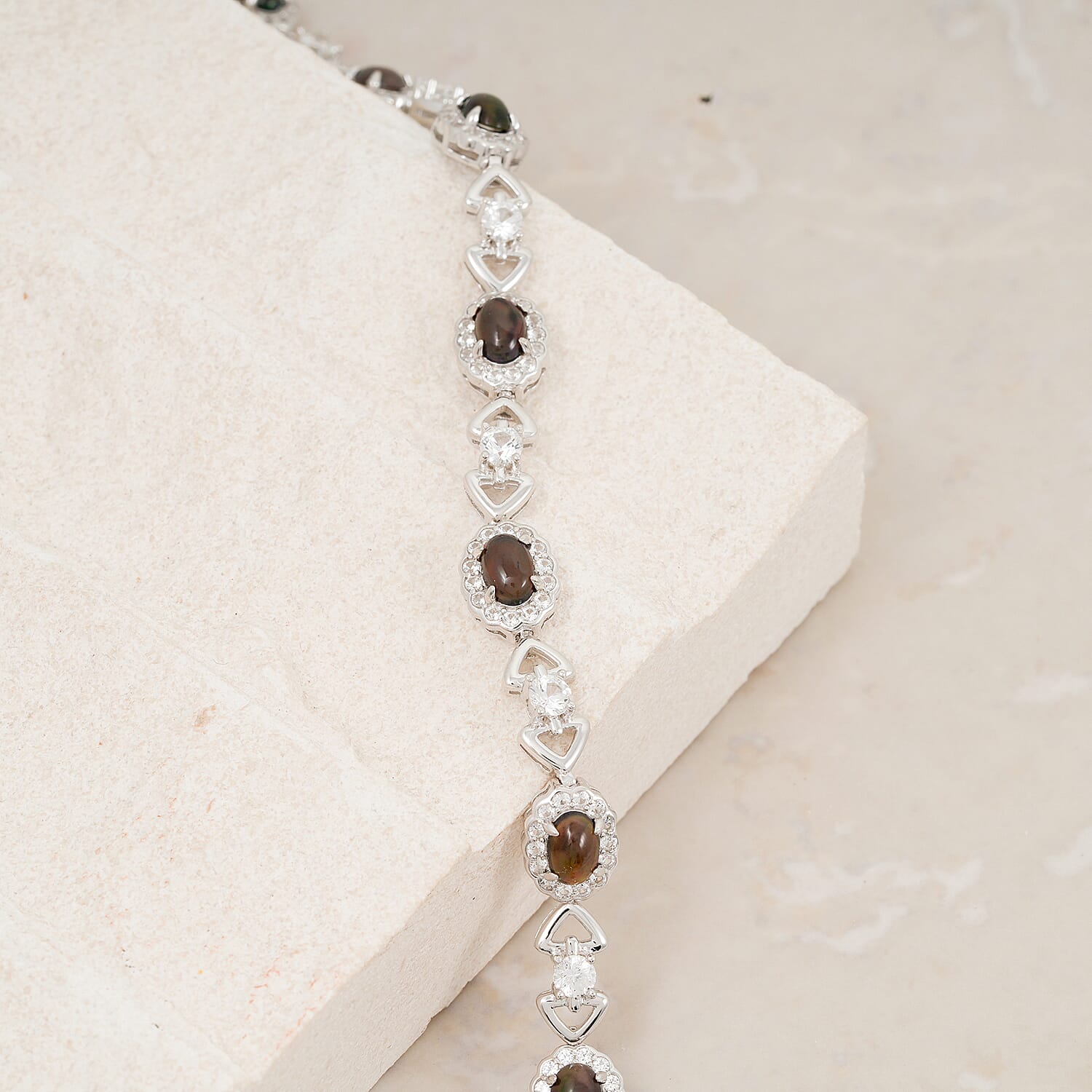 Black Opal and White Corundum 1.90 ctw Bracelet in Rhodium Over Sterling Silver (7-8In)