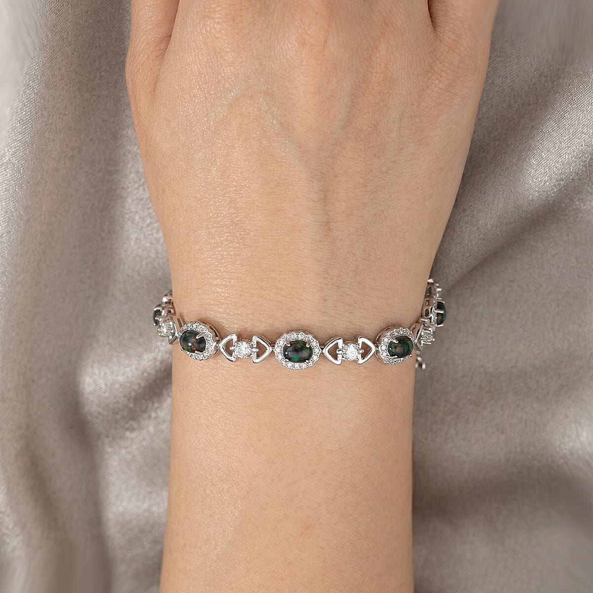 Black Opal and White Corundum 1.90 ctw Bracelet in Rhodium Over Sterling Silver (7-8In) image number 2