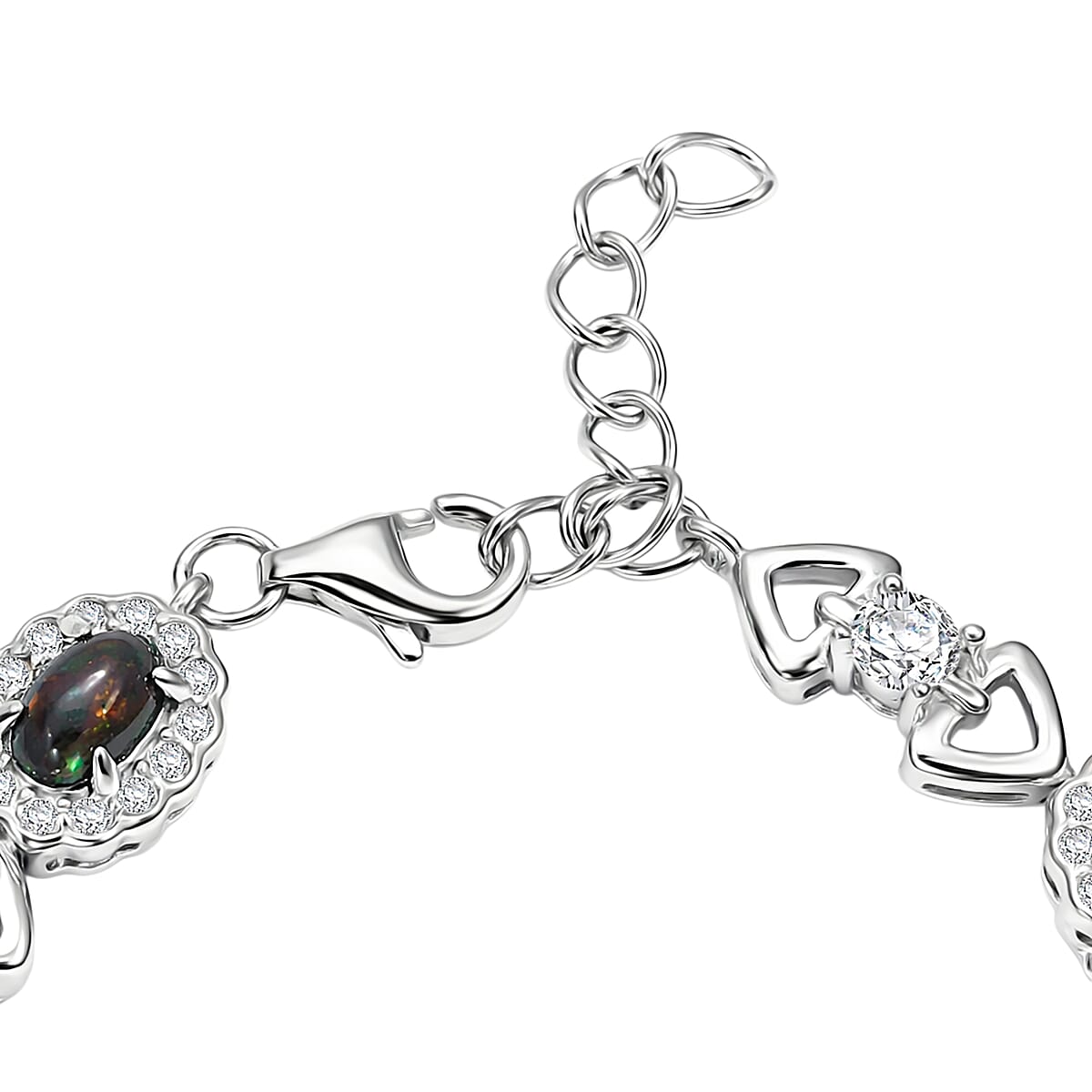 Black Opal and White Corundum 1.90 ctw Bracelet in Rhodium Over Sterling Silver (7-8In) image number 3