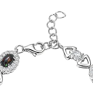 Black Opal and White Corundum 1.90 ctw Bracelet in Rhodium Over Sterling Silver (7-8In)