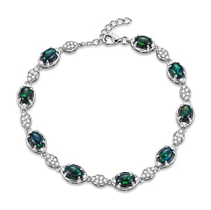 Black Opal and White Corundum 4.00 ctw Bracelet in Rhodium Over Sterling Silver (7-8In)