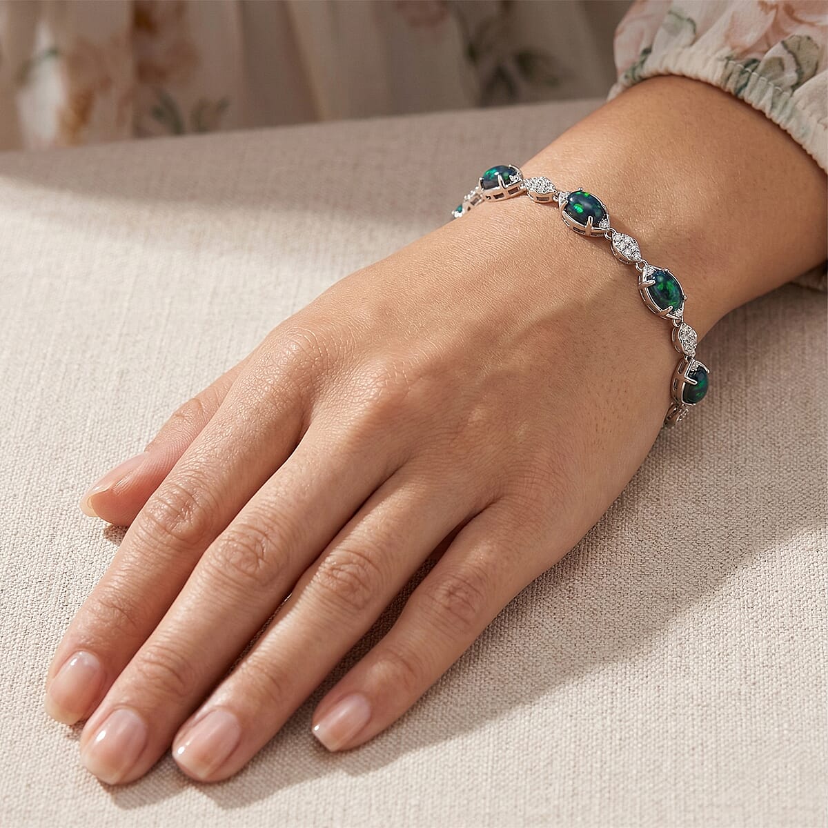 Black Opal and White Corundum 4.00 ctw Bracelet in Rhodium Over Sterling Silver (7-8In) image number 2