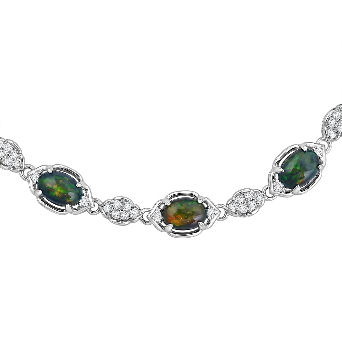 Black Opal and White Corundum 4.00 ctw Bracelet in Rhodium Over Sterling Silver (7-8In) image number 3