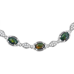 Black Opal and White Corundum 4.00 ctw Bracelet in Rhodium Over Sterling Silver (7-8In)