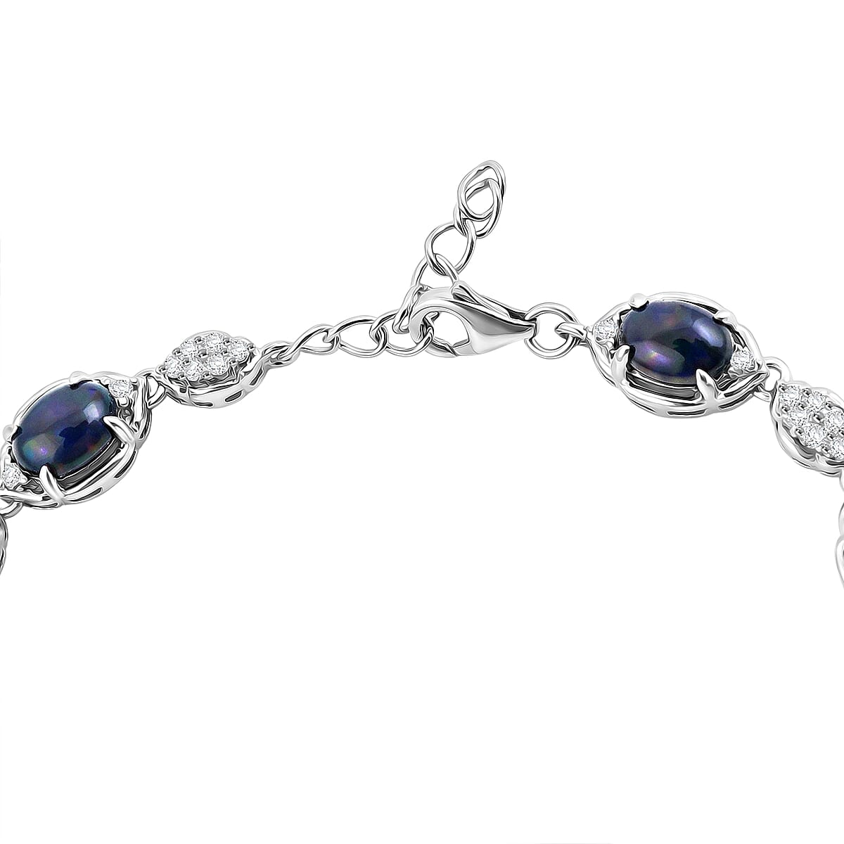 Black Opal and White Corundum 4.00 ctw Bracelet in Rhodium Over Sterling Silver (7-8In) image number 4