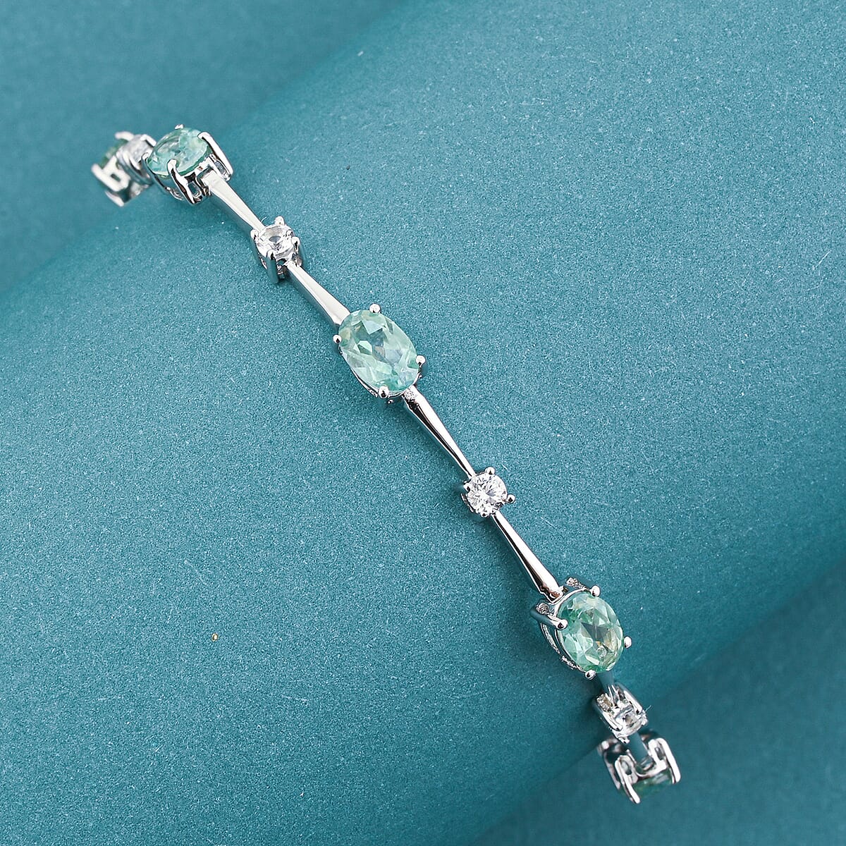 Green Quartz and White Corundum 4.40 ctw Bracelet in Rhodium Over Sterling Silver (7.5-8.5In) image number 1