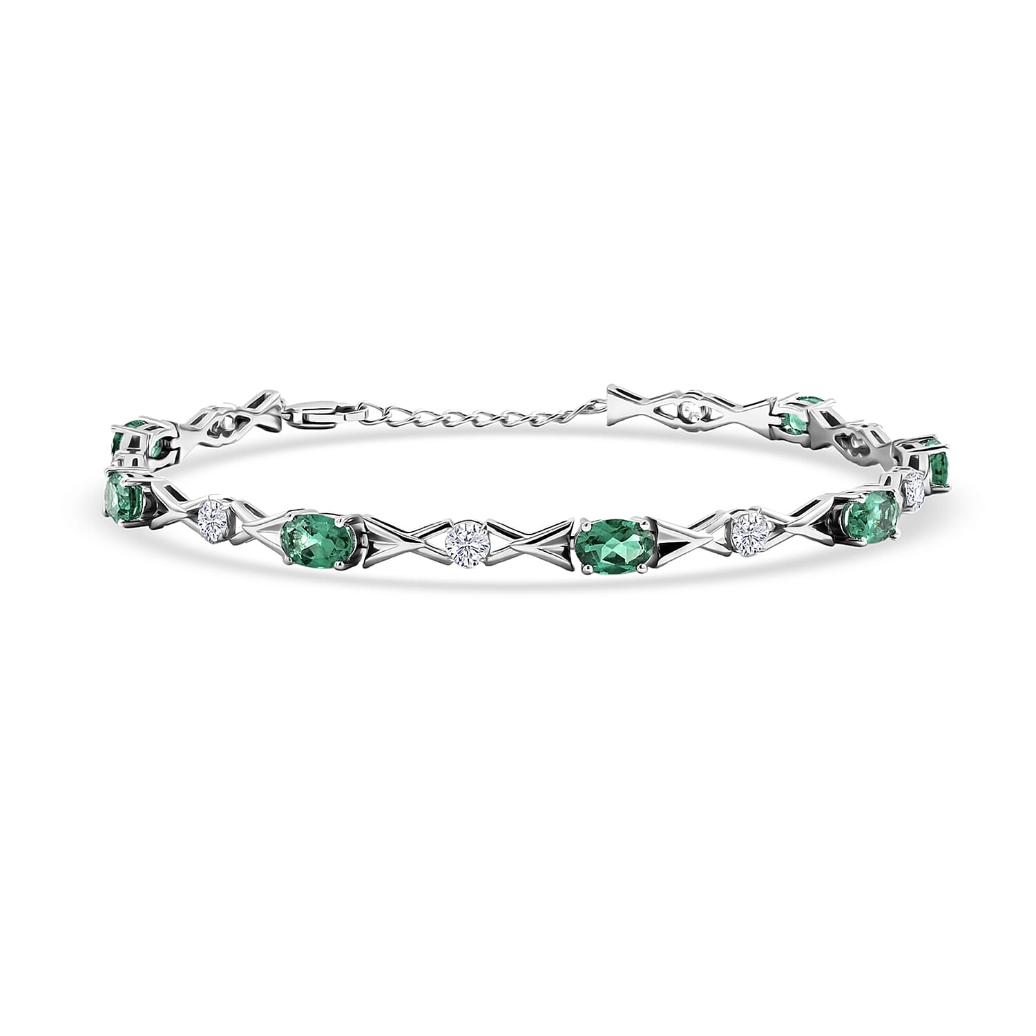 Green Quartz and White Corundum 4.25 ctw Bracelet in Rhodium Over Sterling Silver (7.5-8.5In)