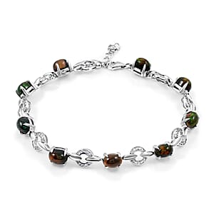 Black Opal and White Corundum 6.25 ctw Bracelet in Rhodium Over Sterling Silver (7-8In)