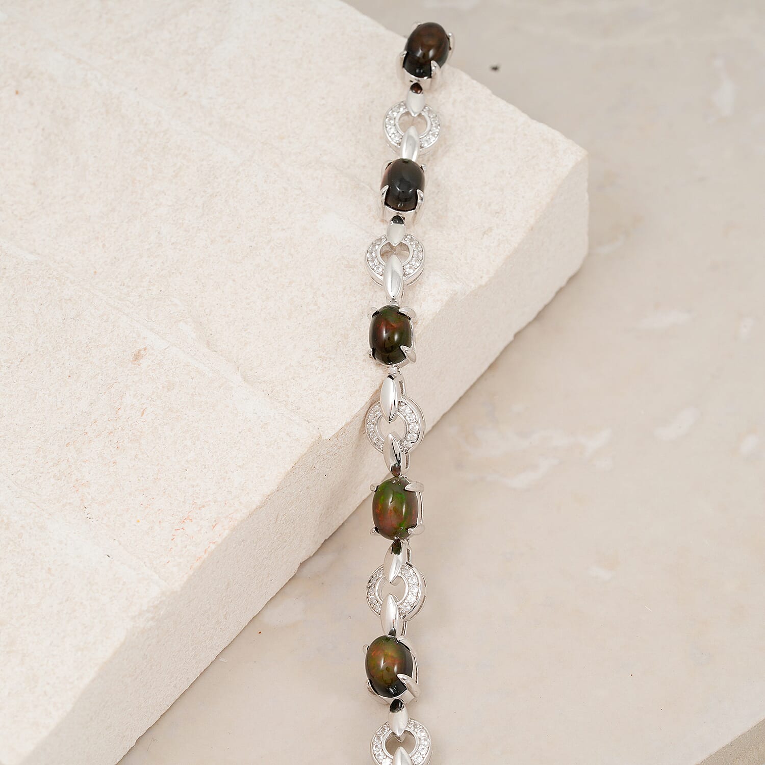 Black Opal and White Corundum 6.25 ctw Bracelet in Rhodium Over Sterling Silver (7-8In)