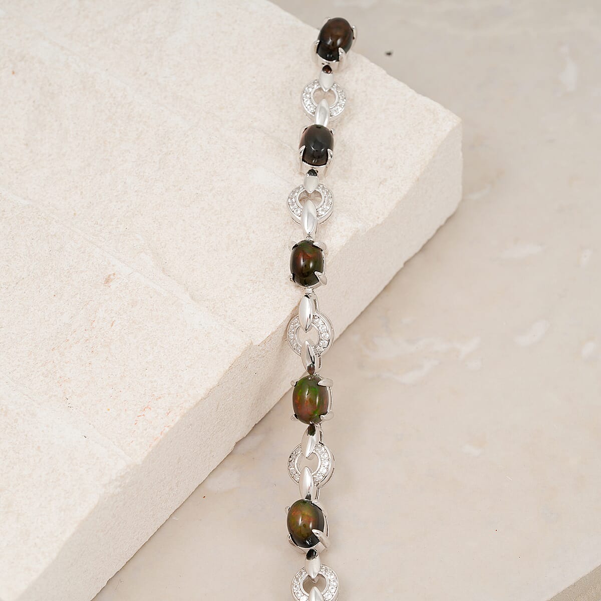 Black Opal and White Corundum 6.25 ctw Bracelet in Rhodium Over Sterling Silver (7-8In) image number 1