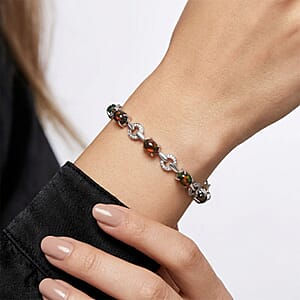 Black Opal and White Corundum 6.25 ctw Bracelet in Rhodium Over Sterling Silver (7-8In)