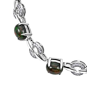 Black Opal and White Corundum 6.25 ctw Bracelet in Rhodium Over Sterling Silver (7-8In)