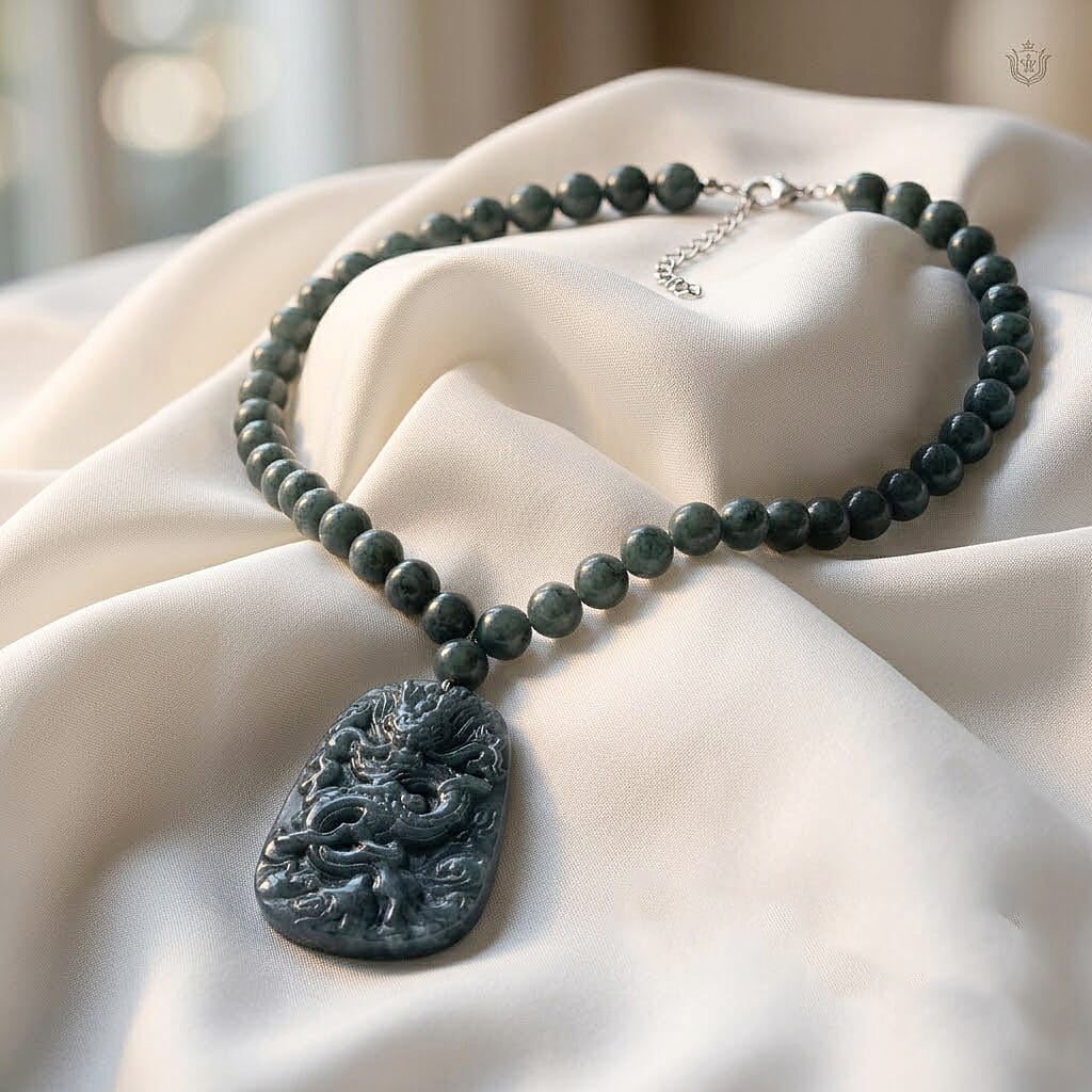 D'Joy Natural Olmec Jadeite 550.00 ctw Dragon Necklace in Rhodium Over Sterling Silver 18-20 Inches