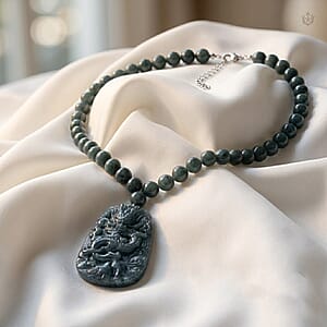 D'Joy Natural Olmec Jadeite 550.00 ctw Dragon Necklace in Rhodium Over Sterling Silver 18-20 Inches 