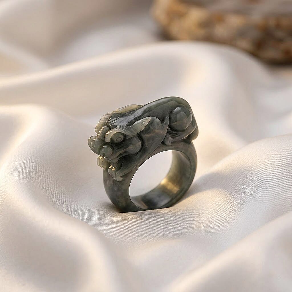 Natural Olmec Jadeite 90.00 ctw Pixiu Carved Ring (Size 11.0)