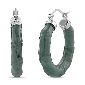 D'Joy Natural Olmec Jadeite 15.00 ctw Carved Hoop Earrings in Rhodium Over Sterling Silver