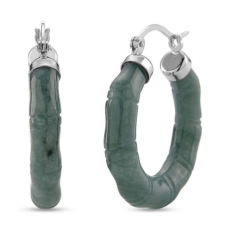 D'Joy Natural Olmec Jadeite 15.00 ctw Carved Hoop Earrings in Rhodium Over Sterling Silver