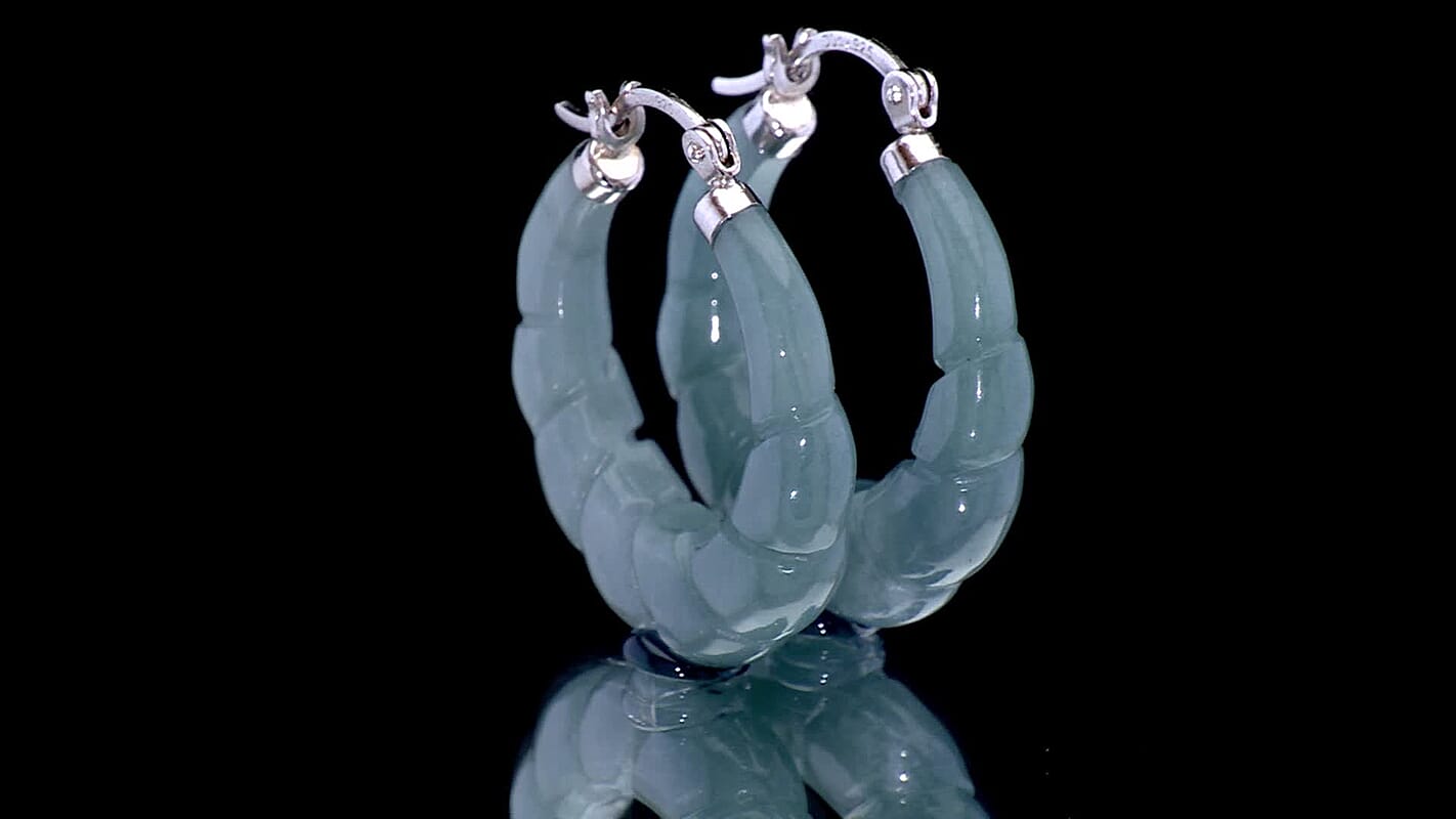 D'Joy Natural Olmec Jadeite Carved Hoop Earrings in Rhodium Over Sterling Silver 15.00 ctw