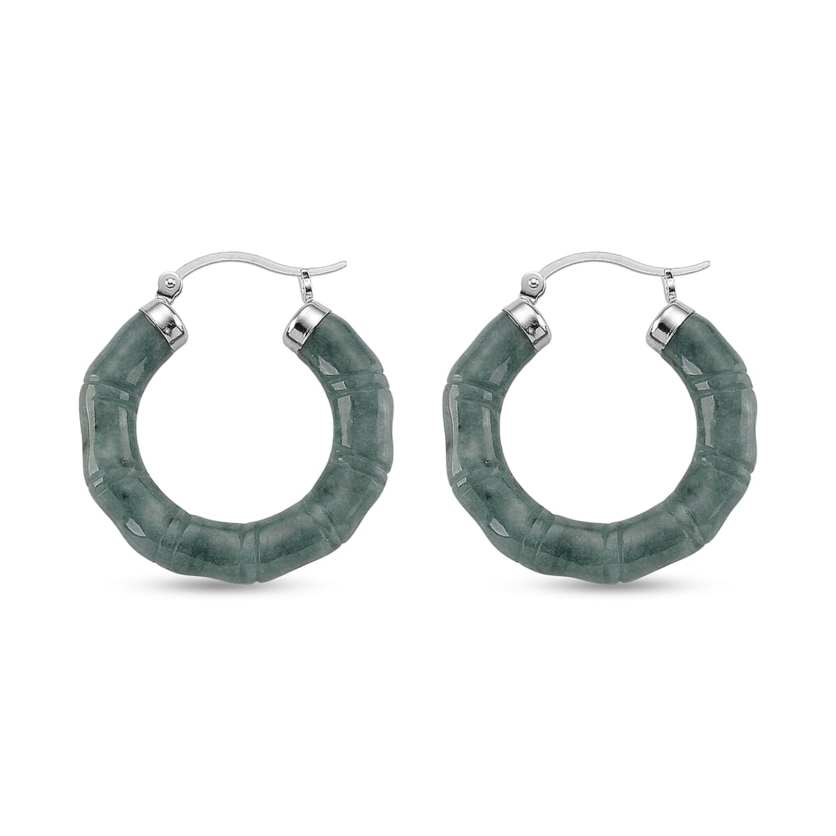 D'Joy Natural Olmec Jadeite 15.00 ctw Carved Hoop Earrings in Rhodium Over Sterling Silver image number 3