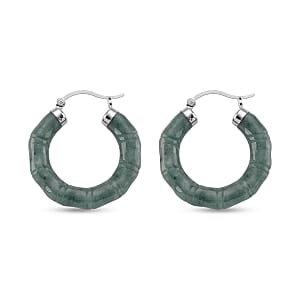 D'Joy Natural Olmec Jadeite 15.00 ctw Carved Hoop Earrings in Rhodium Over Sterling Silver