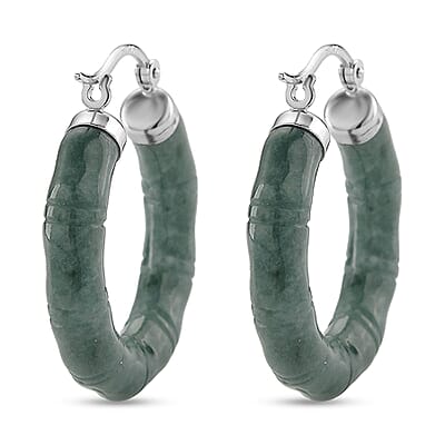 D'Joy Natural Olmec Jadeite 15.00 ctw Carved Hoop Earrings in Rhodium Over Sterling Silver