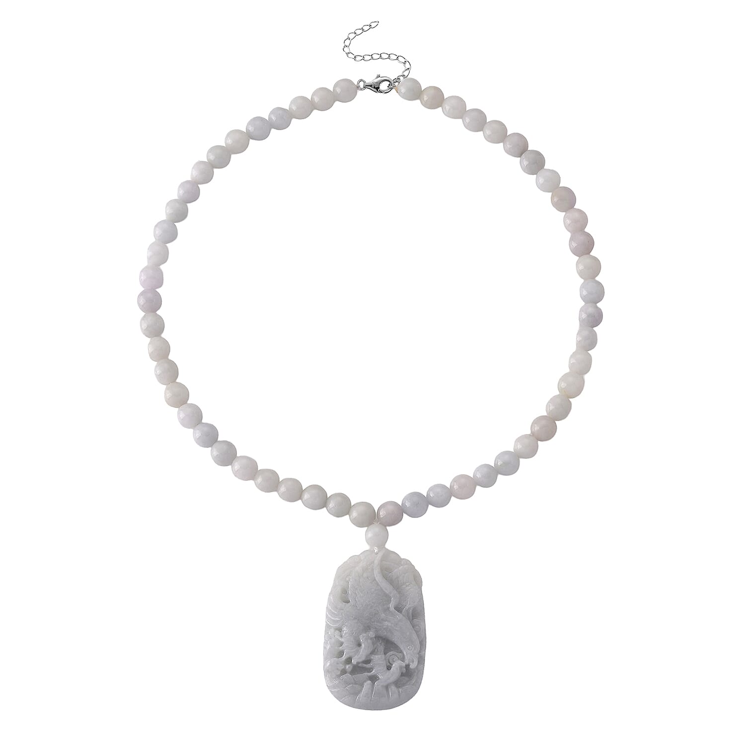 D'Joy Natural Jade 500.00 ctw Beaded Carved Eagle Necklace in Rhodium Over Sterling Silver (18-20 Inches)