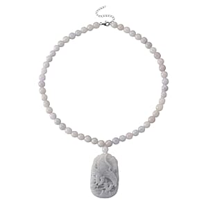 D'Joy Natural Jade 500.00 ctw Beaded Carved Eagle Necklace in Rhodium Over Sterling Silver (18-20 Inches)