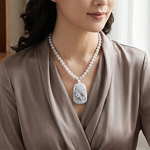 D'Joy Natural Jade 500.00 ctw Beaded Carved Eagle Necklace in Rhodium Over Sterling Silver (18-20 Inches)
