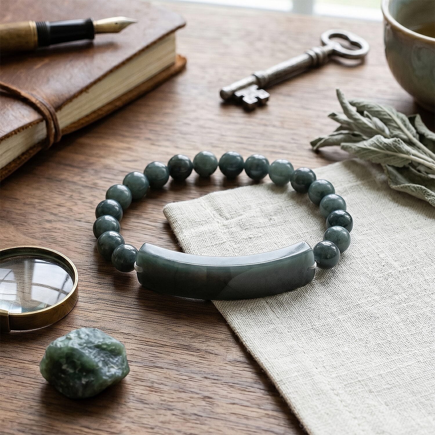 Natural Olmec Jadeite 130.00 ctw Beaded Stretch Bracelet