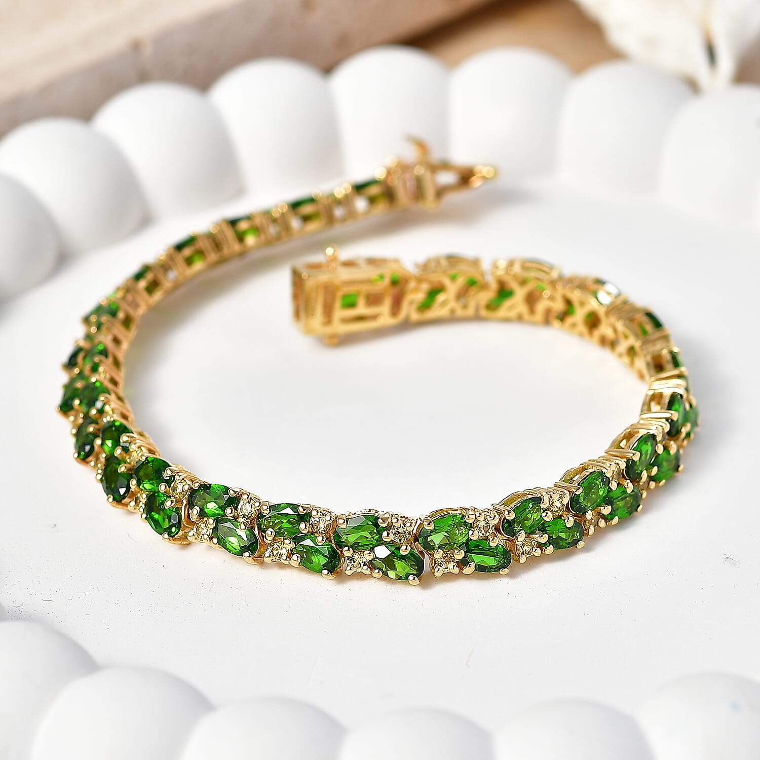 D'Joy Chrome Diopside and Yellow Sapphire 13.10 ctw Blooming Vine Bracelet in 18K Vermeil Yellow Gold Over Sterling Silver (7.25 In)