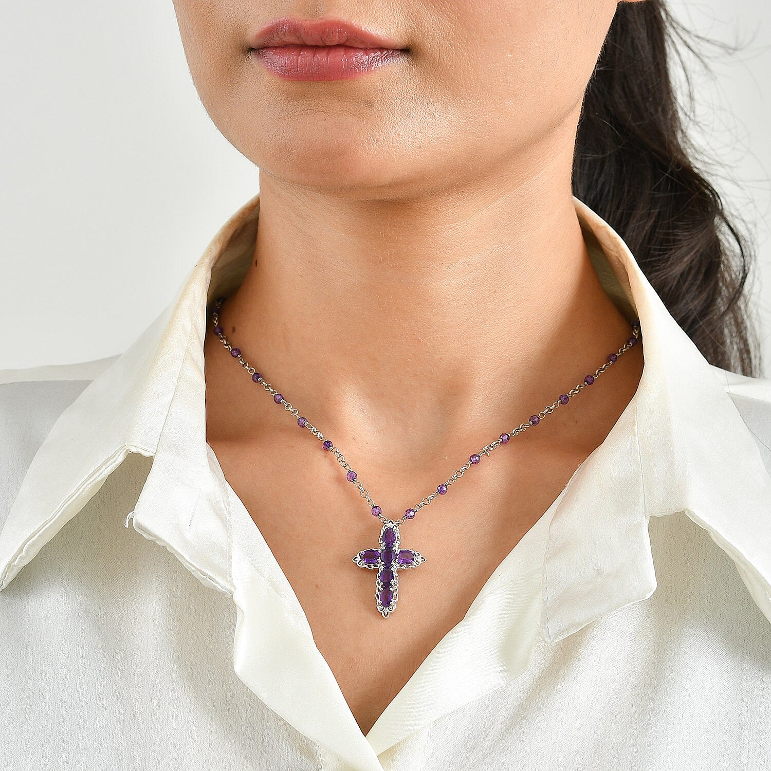 EverTrue African Amethyst 6.60 ctw Necklace (18 Inches) in Platinum Bond