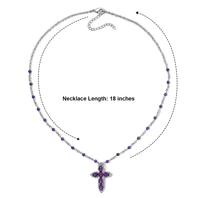 EverTrue African Amethyst 6.60 ctw Filigree Cross Necklace (18 Inches) in Platinum Bond