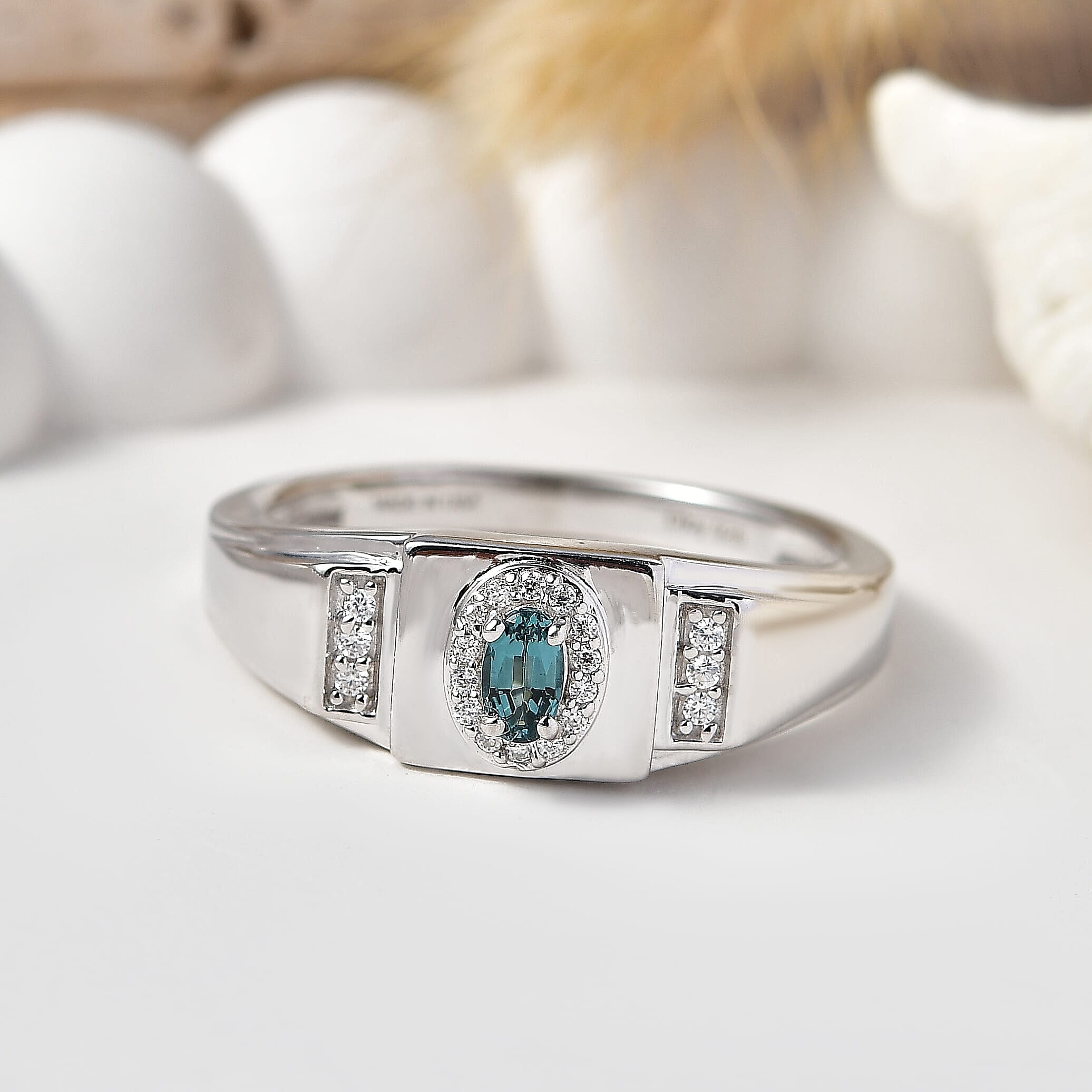 D'Joy Monte Belo Indicolite and Moissanite 0.40 ctw Men's Ring in Rhodium Over Sterling Silver (Size 10.0)