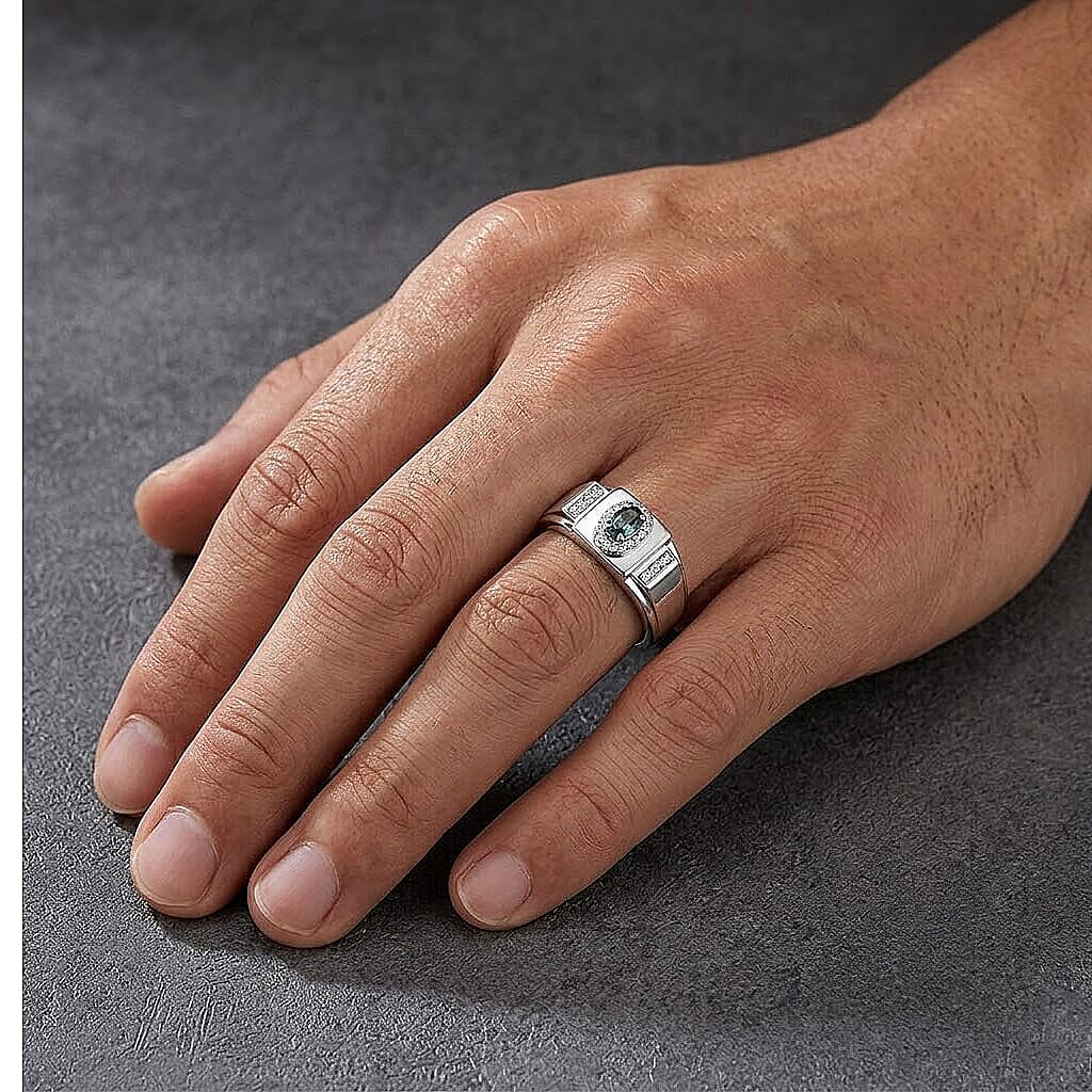 D'Joy Monte Belo Indicolite and Moissanite 0.40 ctw Men's Ring in Rhodium Over Sterling Silver (Size 10.0)