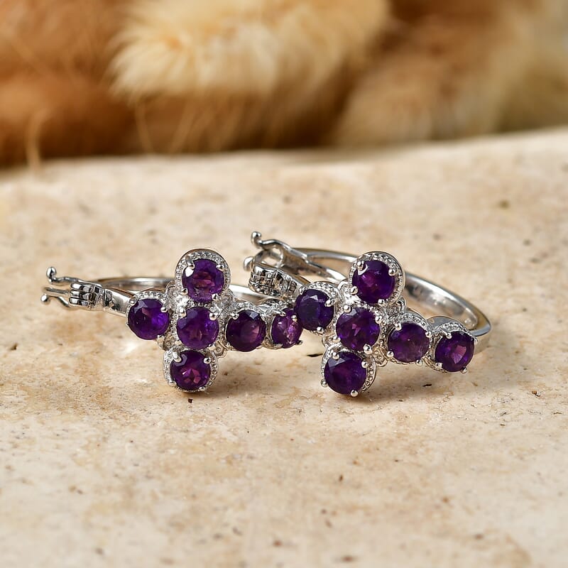 EverTrue African Amethyst 3.20 ctw Cross Hoop Earrings in Platinum Bond