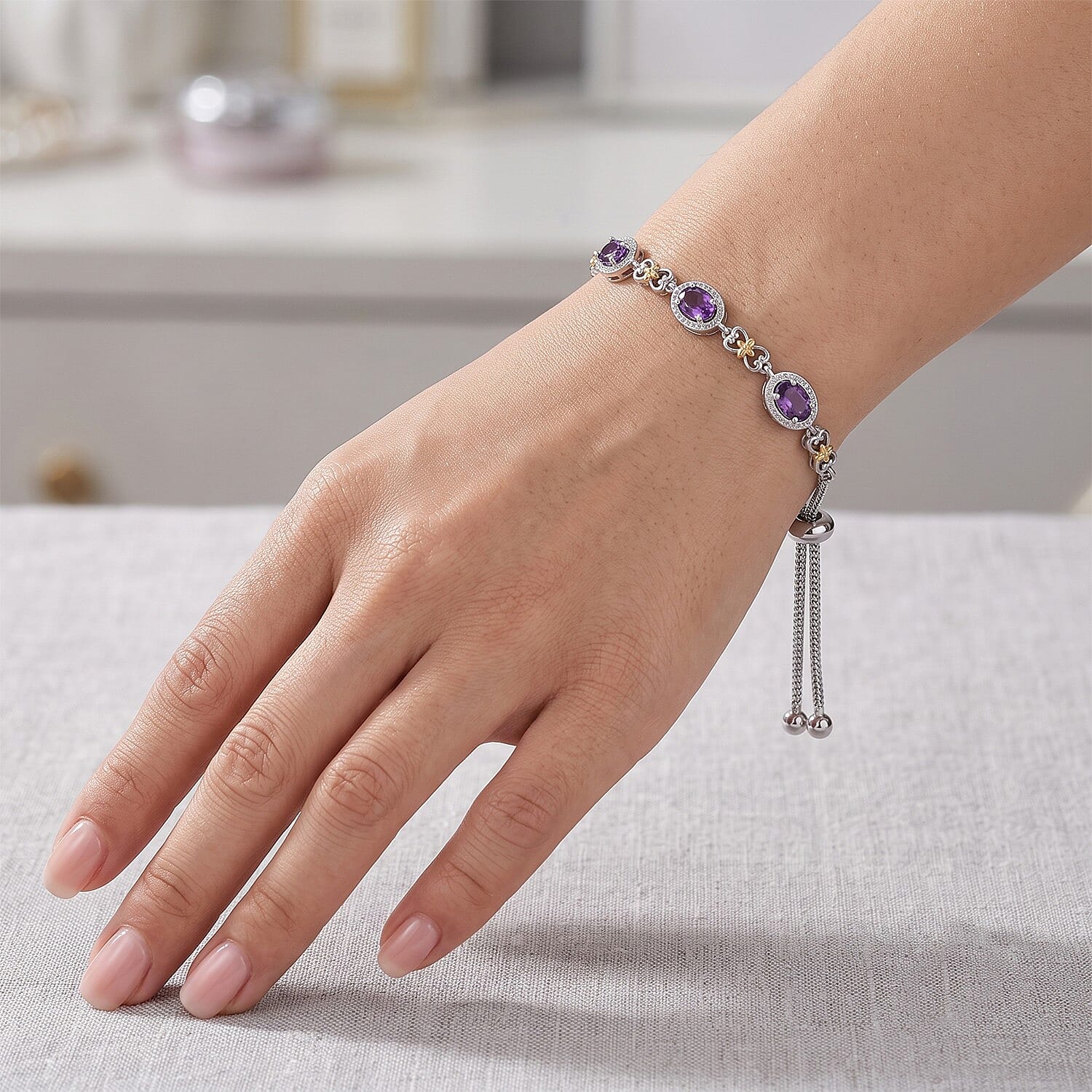 EverTrue African Amethyst 2.15 ctw Cluster Bracelet in 18K YG Plated and Platinum Bond (10.50 In)