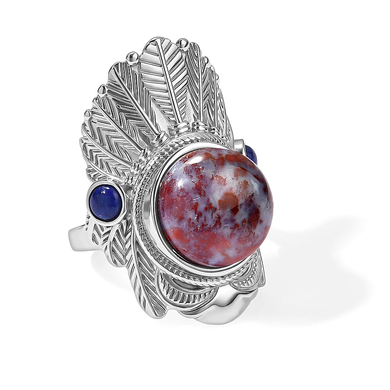 EverTrue Red Lighting Jasper and Lapis Lazuli 9.25 ctw Solitaire Ring in Stainless Steel (Size 7.0)