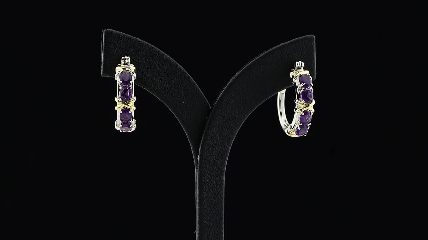 TLV EverTrue African Amethyst Hoop Earrings in 18K YG Plated and Platinum Bond 2.65 ctw