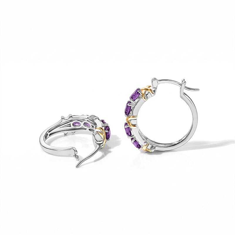 EverTrue African Amethyst 2.65 ctw Hoop Earrings in 18K YG Plated and Platinum Bond