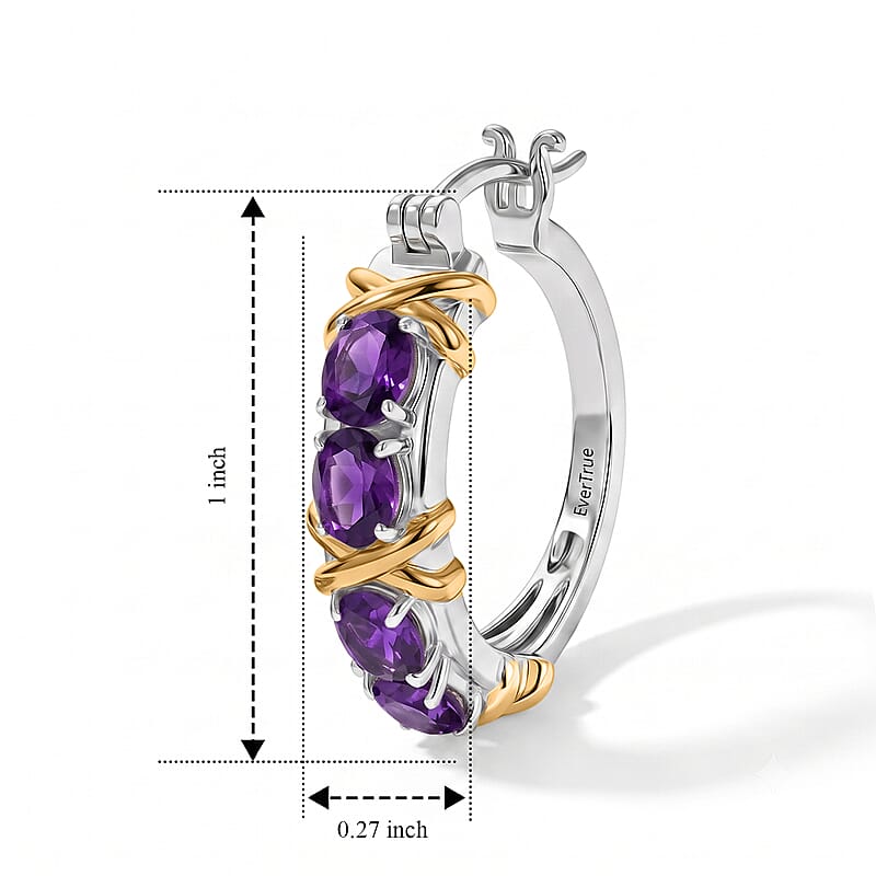 EverTrue African Amethyst 2.65 ctw Hoop Earrings in 18K YG Plated and Platinum Bond
