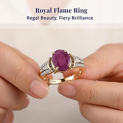 Luxoro AAA Montepuez Ruby, Natural Champagne and White Diamond I2 2.50 ctw Royal Flame Ring in 10K Yellow Gold (Size   6.0)