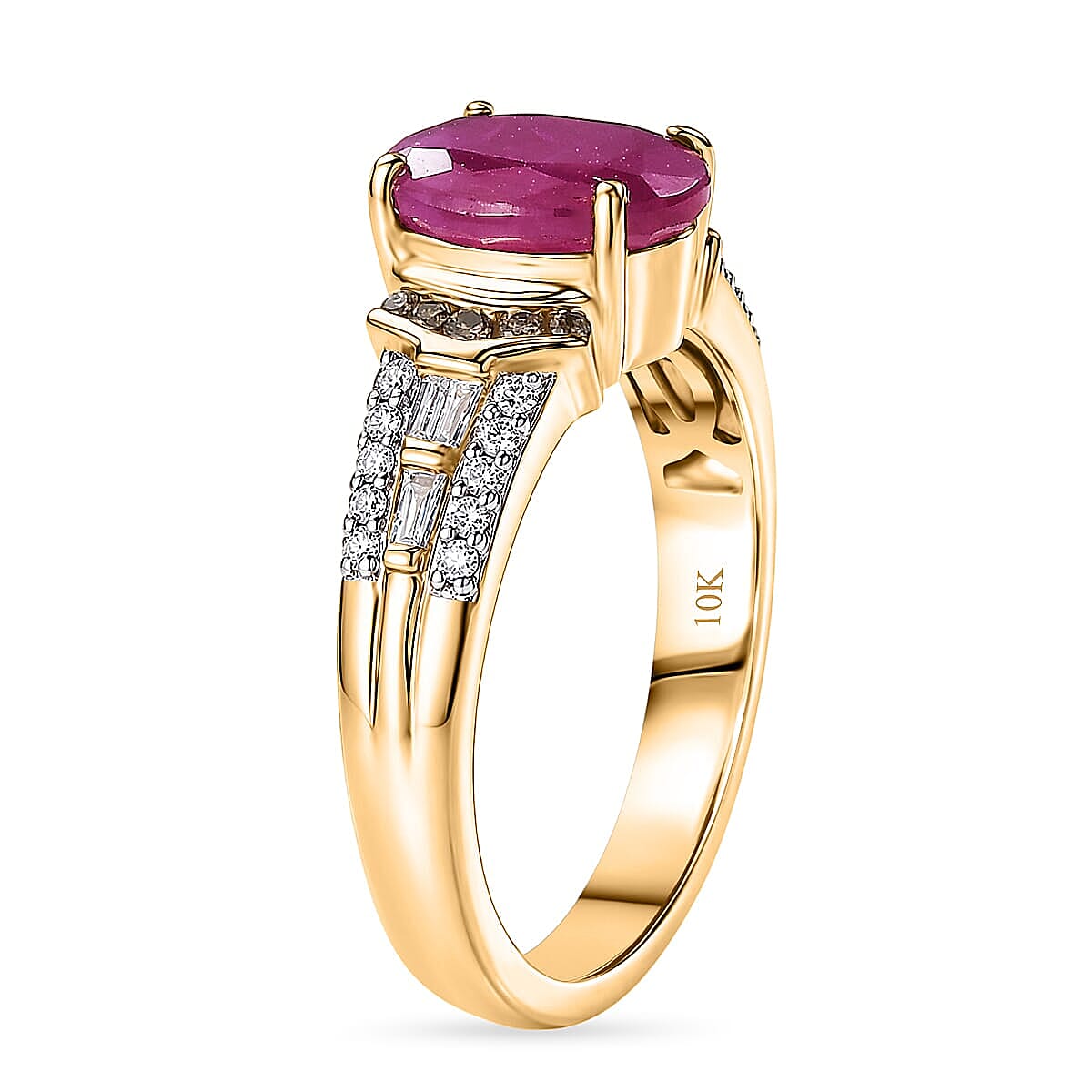 Luxoro 10K Yellow Gold AAA Montepuez Ruby, Natural Champagne and White Diamond (I2) (0.29 cts) Royal Flame Ring (Size 7.5) 2.50 ctw image number 3