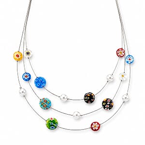 Multi Color Murano Glass ,  White Shell Pearl  Fancy Necklace (Size - 18) Pure White Stainless Steel