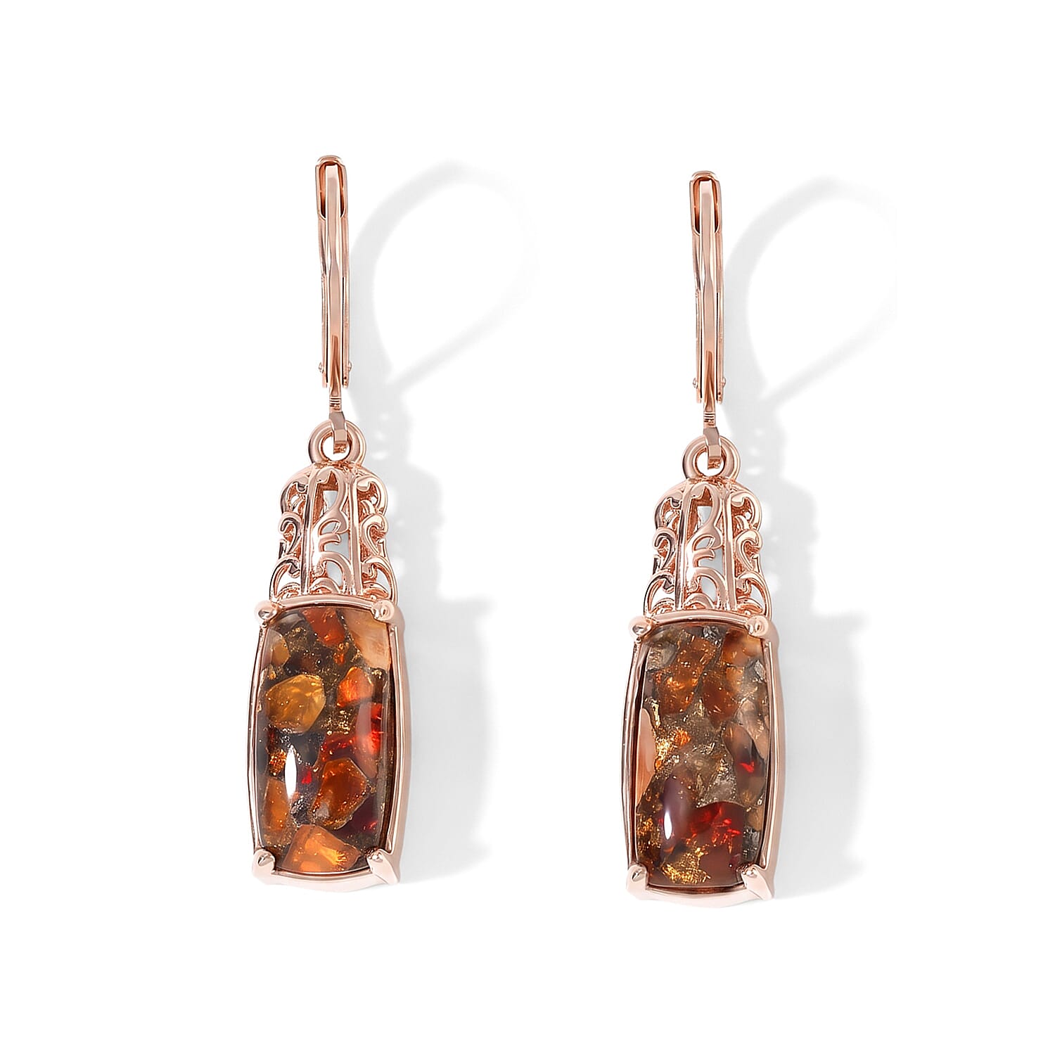 EverTrue Fire Opal Matrix 6.00 ctw Solitaire Lever Back Earrings in 18K RG Plated Copper