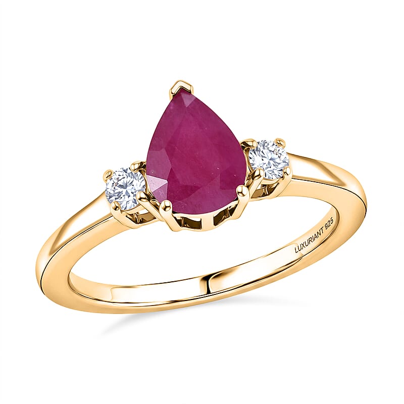 Premium Montepuez Ruby and Luxuriant Lab Grown Diamond G-H SI 1.35 ctw Whispering Drop Ring in 18K Vermeil Yellow Gold Over Sterling Silver (Size 6.0)