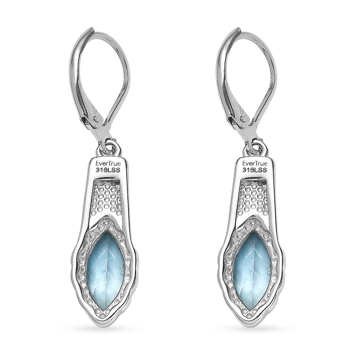 EverTrue Signity Teal Topaz 3.85 ctw Lever Back Earrings in Stainless Steel