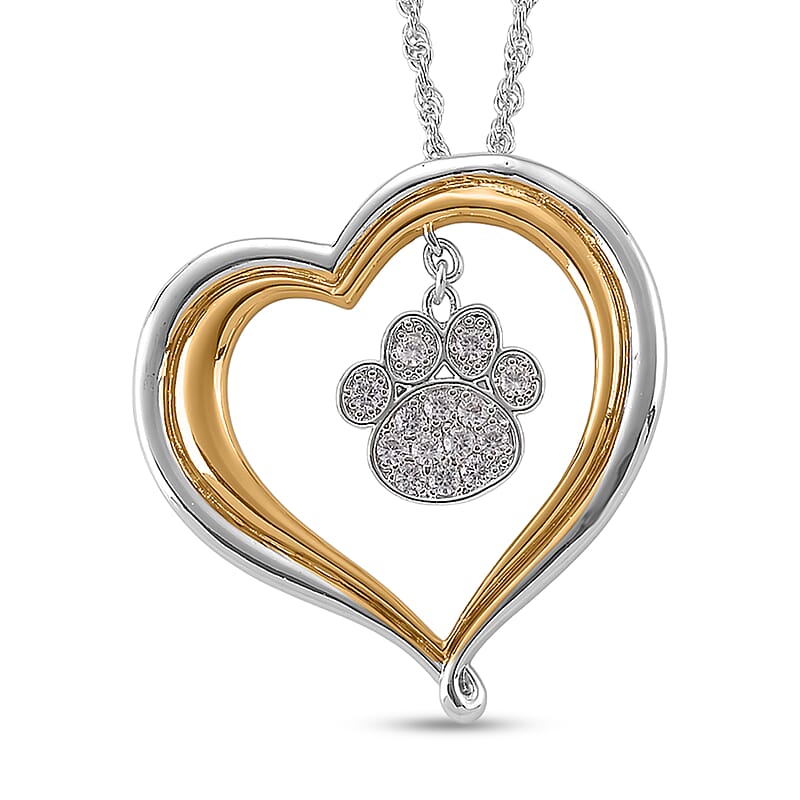Simulated Diamond Double Heart with Paw Print Pendant Necklace in Dualtone 20 Inches
