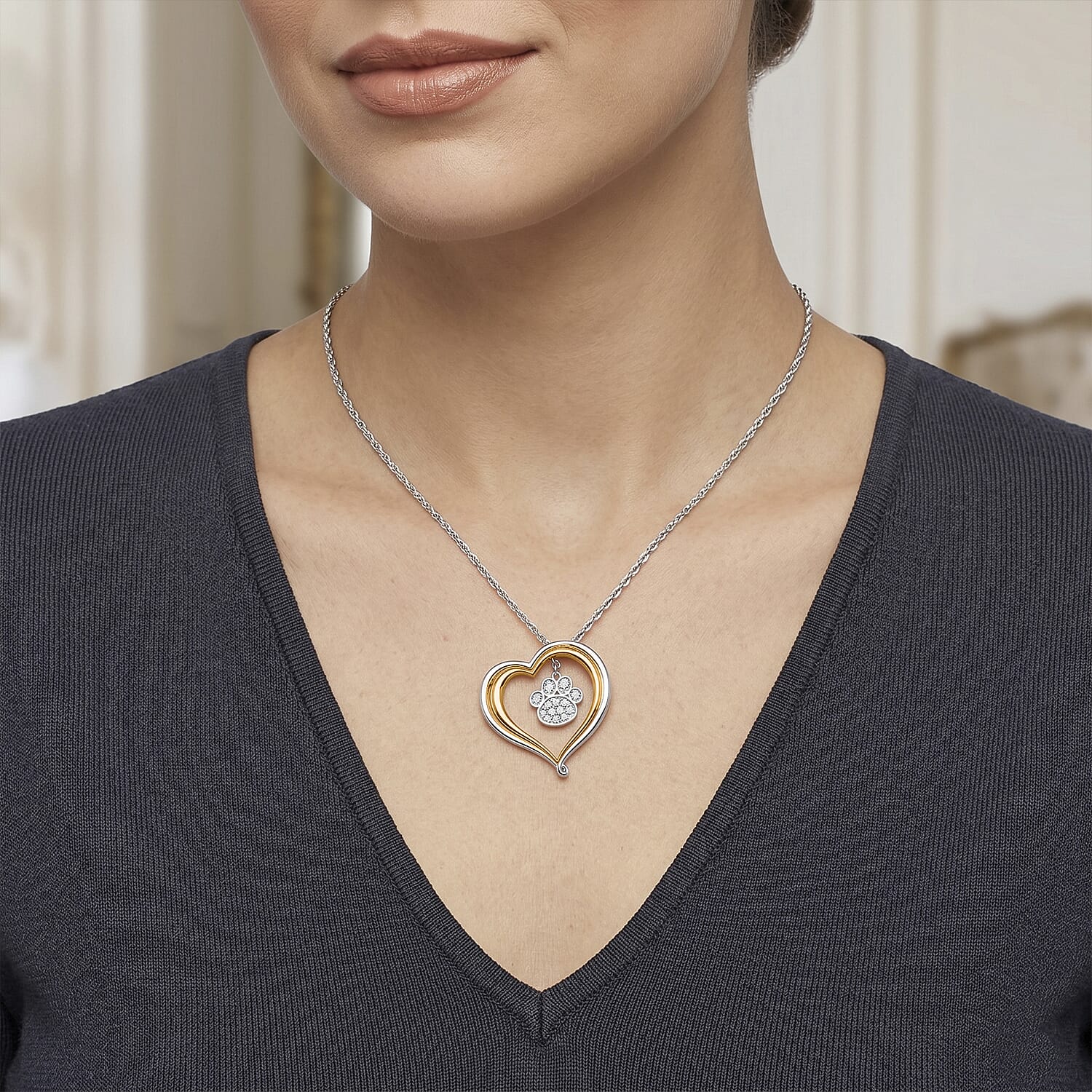 Simulated Diamond Double Heart with Paw Print Pendant Necklace in Dualtone 20 Inches