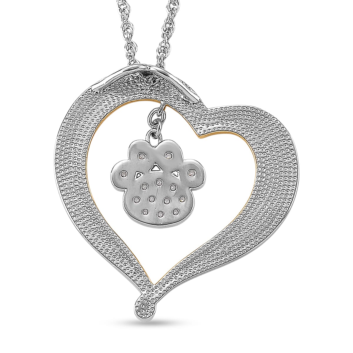 Simulated Diamond Double Heart with Paw Print Pendant Necklace in Dualtone 20 Inches
