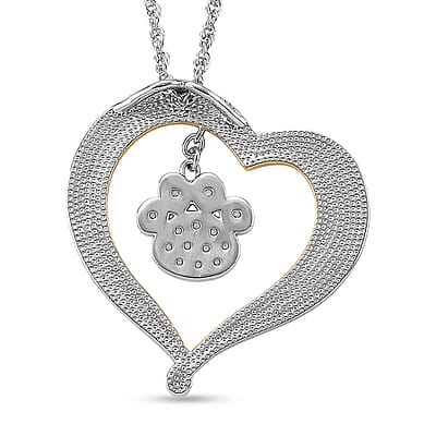 Simulated Diamond Double Heart with Paw Print Pendant Necklace in Dualtone 20 Inches